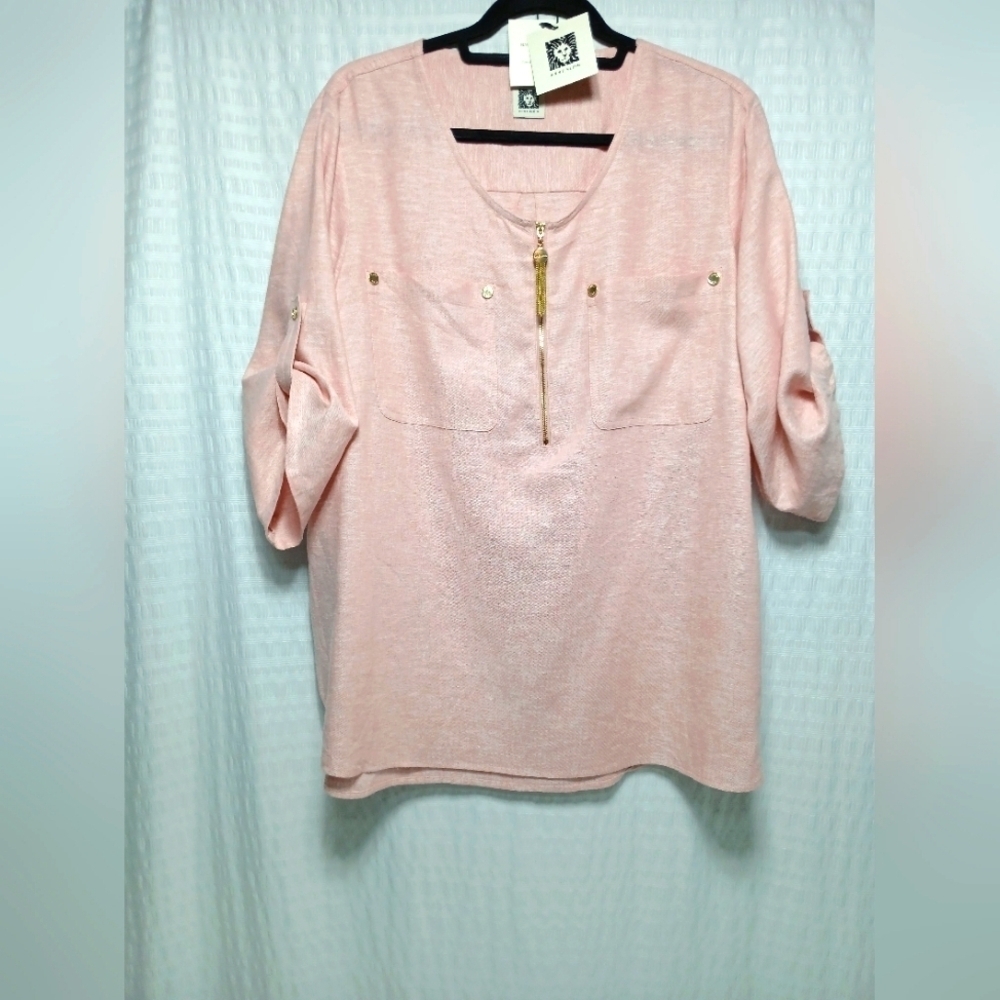 Anne Klien Linen Blend Adjustable 3/4 Sleeve Pull On Top. Ladies Size 1XL NWT